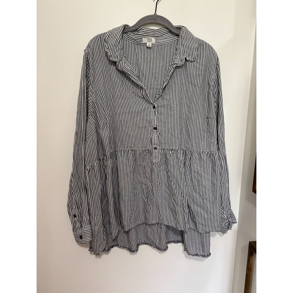 True Craft Striped Babydoll Blouse 3X Boho Peplum Flowy Tunic‎ Top Coastal